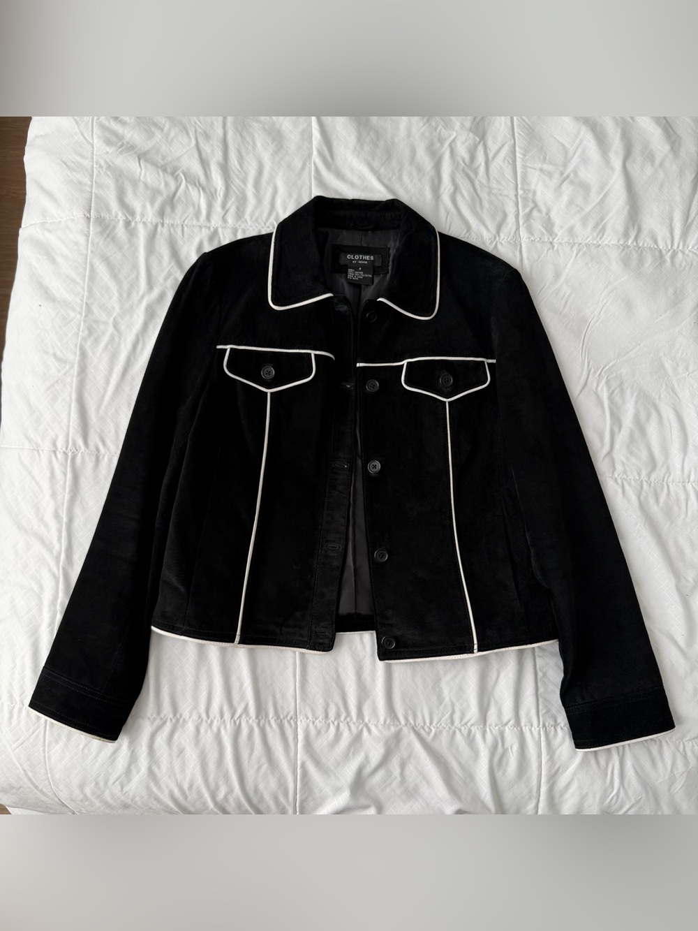 Revue Leather Suede Jacket 8 Black White Trim Cowgirl Retro Grunge Western Vtg